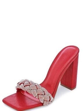 Liliana Red High Block Heel Slide with Braided Rhinestone Strap